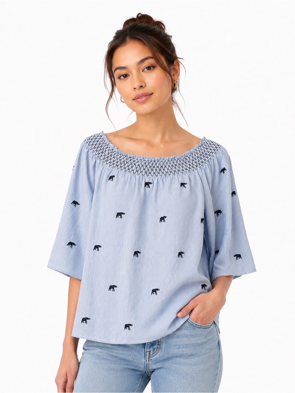 Crown & Ivy Light Blue Embroidered Elephant Smocked-Neck Blouse - 0495